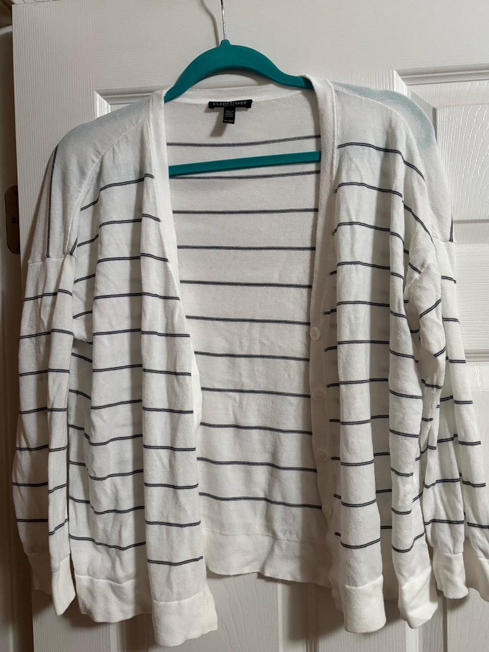 Eileen Fisher button front cardigan sweater stripes nautical tencel lyocell L